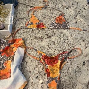 Tiger Mist Orange Red Floral Leopard String Bikini
